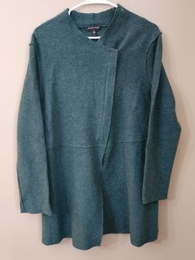 Eileen Fisher Teal Green Half Zip  Cardigan Women Size L 100% Merino Wool